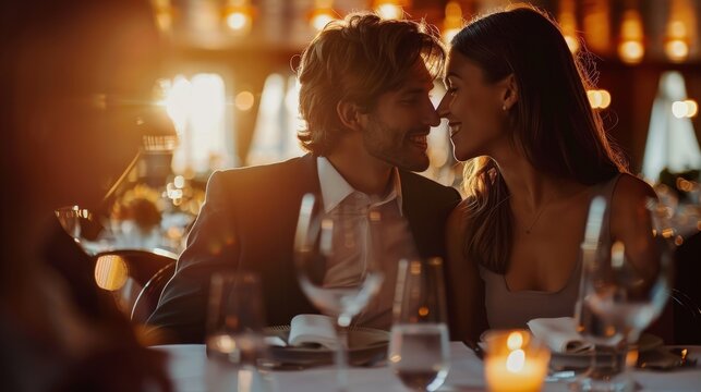 41. Couple celebrating an anniversary with a luxurious dinner, fine dining ambiance, and exquisite service