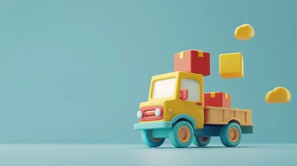 Naklejka premium Colorful toy truck carrying cubic parcels in a minimalistic setup. Ideal for childhood, play, and transportation design concepts. 3D Illustration.