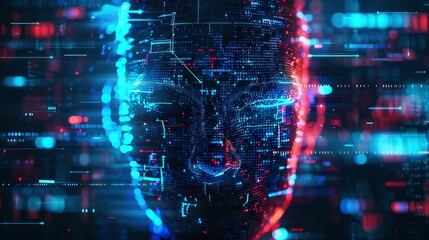 Obraz premium AI - themed digital face in blue and red tones on a dark background