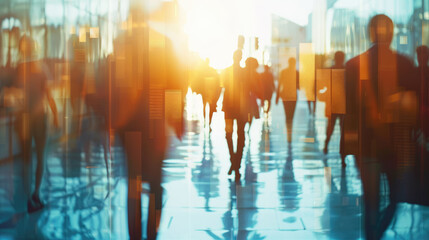 Blurred business people walking in corridor with sunlight creating bokeh effect