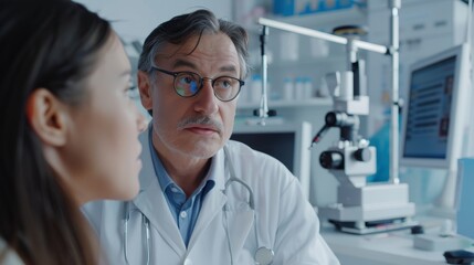 Ophthalmologist Demonstrating Trabeculectomy Procedure to Patient in Professional Office Setting