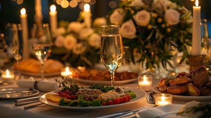 Fototapeta premium 40. Elegant table setting with gourmet appetizers, sophisticated ambiance, and candlelit dining experience