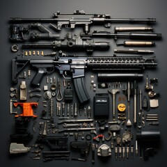 A close up of a gun with many parts and pieces