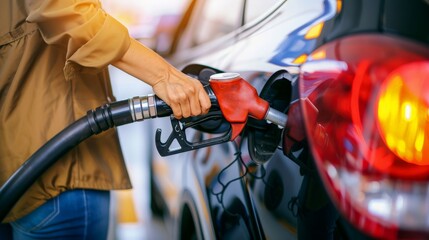 Routine Fuel Stop: Person Filling Car with Gasoline at Bright Station, Watching Meter in Casual Atmosphere