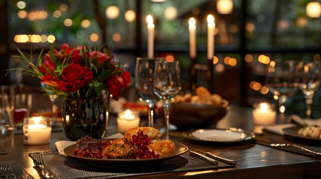 40. Elegant table setting with gourmet appetizers, sophisticated ambiance, and candlelit dining experience