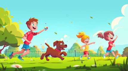 Cartoon child training pet dog in summer park, playing with ball on green grass field, children have fun, running and playing with ball, outdoor sport activity in childhood background.