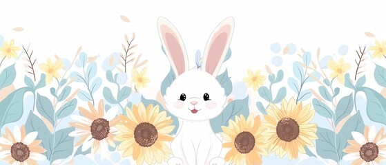Fototapeta premium Cute rabbit surrounded by sunflowers and leaves, pastel colors, whimsical and serene illustration perfect for various uses.