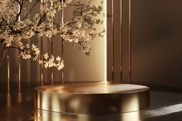 Elegant golden podium with cherry blossom branch in warm, minimalistic lighting, perfect for product showcase or luxury presentation.