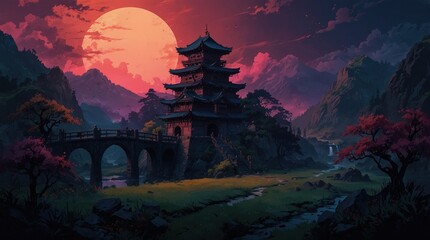 Fototapeta premium Beautiful castle against the background of unusual purple sky