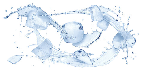 Ice cubes and splashing water in air on white background