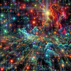 Fototapeta premium Cityscape made of interconnected nodes, surrounded by a network of glowing stars and clouds, set against a complex web of red, blue, and purple colors.