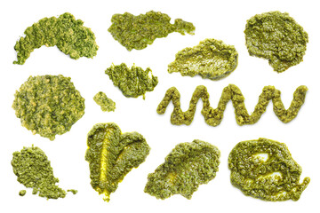 Set of fresh pesto sauce isolated on white, top view