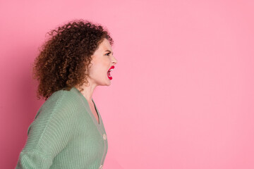 Profile side photo of angry furious woman wear stylish clothes look empty space isolated on pink...