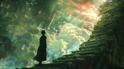  In the realm of imagination, a young woman stands amidst the remnants of broken stairs that reach towards the heavens.
