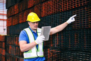 Caucasian worker wearing hard hat and safety glasses holding tablet checks stock of rectangular steel boxes in factory.