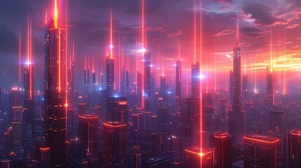 Obraz premium A photo of a futuristic cityscape with sleek, towering mobile communication structures dominating the skyline, emitting vibrant beams of connectivity, symbolizing seamless global communication 