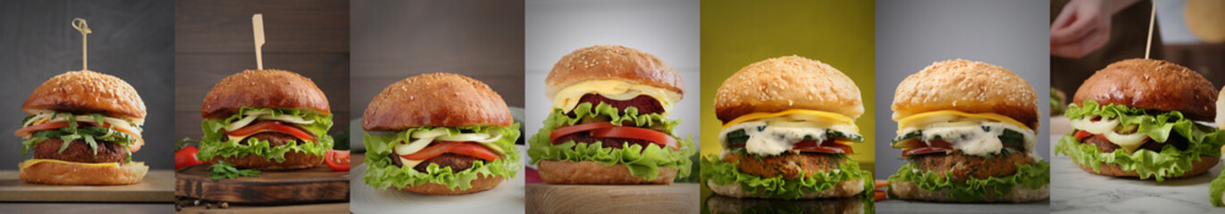 Delicious vegetarian burgers, collage with different photos