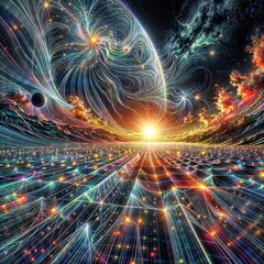 Digital artwork featuring a starry sky, planets, and a network-like grid, blending cosmic and technological elements in a futuristic scene.