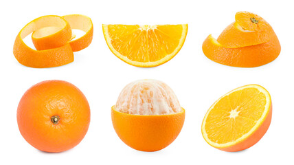 Fresh oranges with peel isolated on white, set