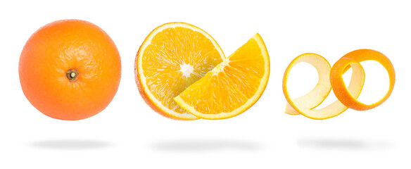 Fresh oranges with peel isolated on white, set