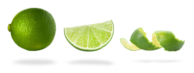 Fresh limes with peel isolated on white, set