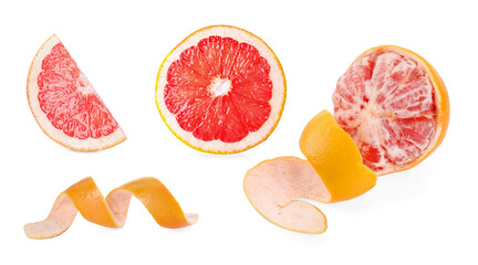 Fresh grapefruits with peel isolated on white, set