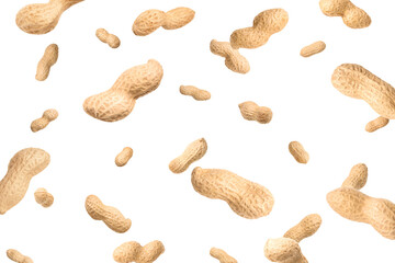 Unpeeled peanuts in air on white background