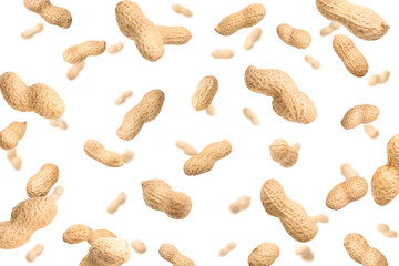 Unpeeled peanuts in air on white background