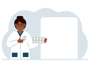 A female doctor holds pills in his hand. Large white sheet for text. Vector flat illustration