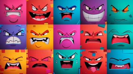 Abstract cartoon faces, mascots, stickers, and badges featuring Y2K and happy, angry expressions, stickers, and icons that show different facial expressions.