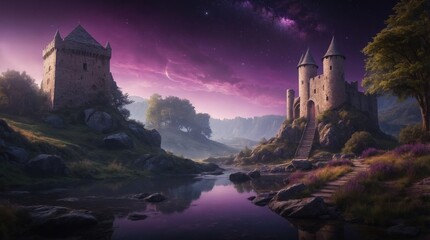 Beautiful castle against the background of unusual purple sky