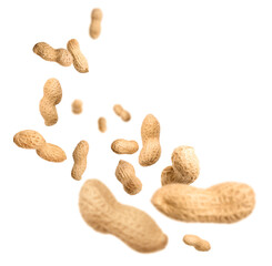 Unpeeled peanuts in air on white background