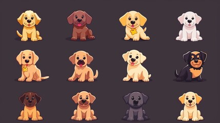 Icons set of cartoon labrador retrievers. Dog puppy. Cute animal.