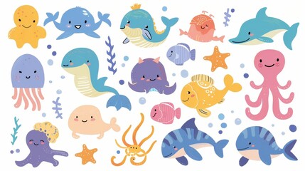 Cartoon set of cute marine animals for printing, posters, cards. Sea life, ocean design elements. Modern illustration.