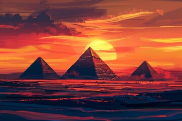 Sunset landscape of Egyptian pyramids, Egypt