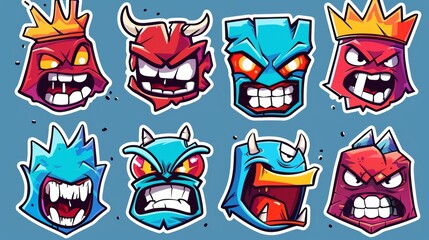 Modern cartoon faces, abstract mascots - y2k badges and stickers, happy and angry expressions.