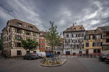 Strasbourg, France - 06 28 2023: Strasbourg city: View of typical colorfull Alsatian facades buildings in a Place