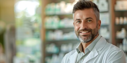 Fototapeta premium Dedicated pharmacist ensuring accurate and compassionate prescription handling. Concept Pharmaceutical Care, Precision Medication Handling, Compassionate Service, Patient Wellness, Drug Information