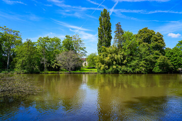Banks of the river Loing in Grez-sur-Loing in the French department of Seine et Marne, Paris...