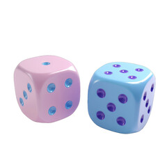 Close-up view of two colorful dice, one pink and one blue, with a white background. Ideal for gaming, luck, and entertainment themes, isolated on a transparent background.