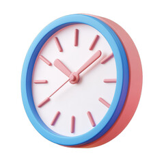 Colorful 3D clock illustration with a vivid blue and pink design, showcasing time in a modern and playful style, isolated on a transparent background.