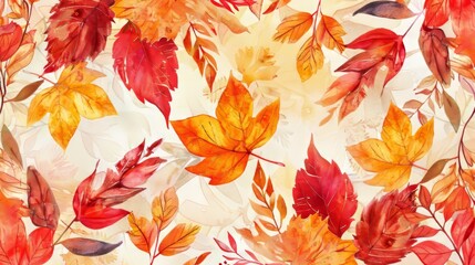 Fototapeta premium Vibrant autumn forest pattern with watercolor leaves in shades of red, orange, and yellow, perfect for tablecloths
