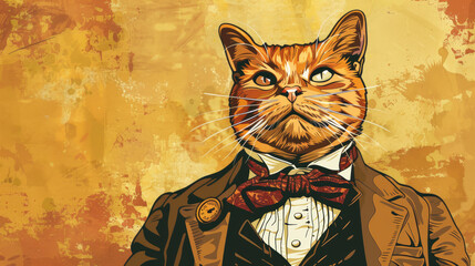 Obraz premium Vintage comic style Illustration of Ginger Tabby Cat in Victorian Suit and Bow Tie on a Vibrant Artistic Background. 