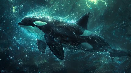 Fototapeta premium Underwater view of the deep ocean, killer whale swimming near a vast chasm, bioluminescent creatures