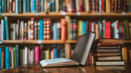 Fototapeta premium A book is open on a table with a yellow book on top of it