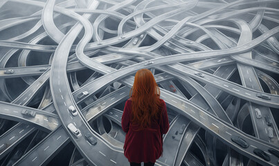 A woman with long red hair stands before a complex, tangled network of highways, symbolizing the theme of indecision and navigating life's choices