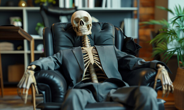 A skeleton dressed in a business suit sitting in a leather office chair, symbolizing exhaustion, burnout, or waiting for a long time