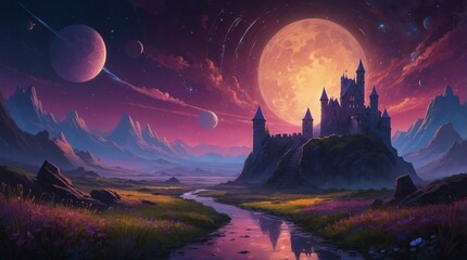 Beautiful castle against the background of unusual purple sky