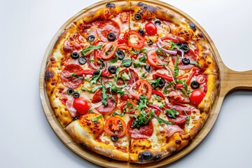 Delicious Pepperoni Pizza with Mushrooms, Basil, and Tomatoes on White Background