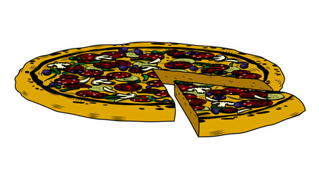 Obraz premium Large round pizza with cut off part. Vintage engraving stylized line drawing. Vector illustration